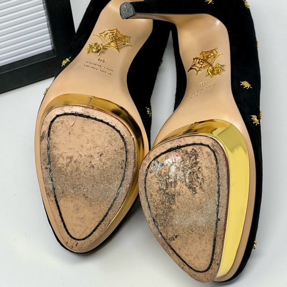 Our vintage Charlotte Olympia Dolly Spider-Studded Suede Platform Pumps. - Picture 10 of 11